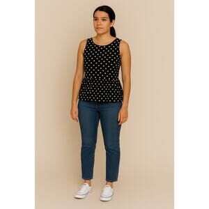 Eyelash Womens Top Shirt Small Black Tan Polka Dot Sleeveless Peplum Career